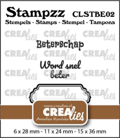 Stampzz Beterschap 02: 2 teksten + 1 tag/label Crealies CLSTBE02 6 x 28 mm - 11 x 24 mm - 15 x 36 mm.