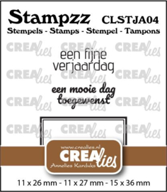 Stampzz Jarig 04: 2 teksten + 1 tag/label Crealies CLSTJA04 11 x 26 mm - 11 x 27 mm - 15 x 36 mm.