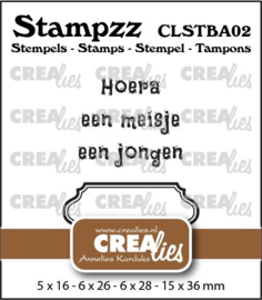 Stampzz Baby 02: 2 teksten + 1 tag/label Crealies CLSTBA02 5 x 16 mm - 6 x 26 mm - 6 x 28 mm - 15 x 36 mm.