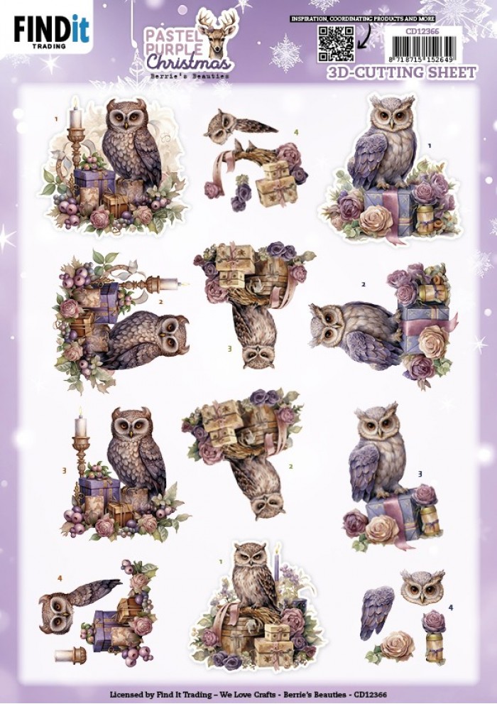 3D Cutting Sheet - Berries Beauties - Pastel Purple Christmas - Owl CD12366