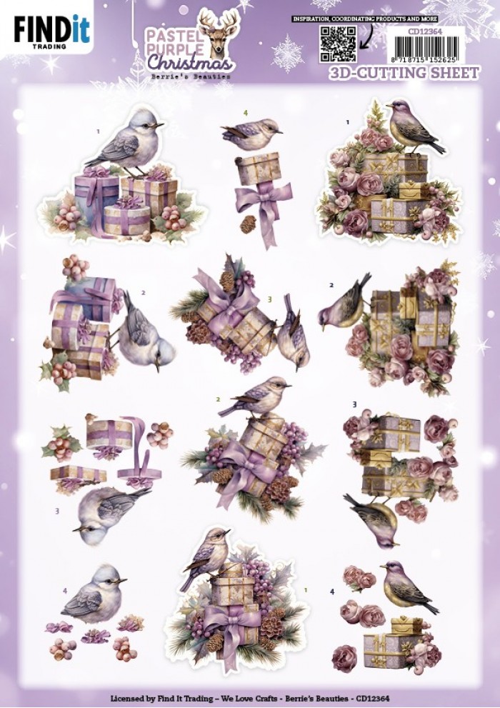 3D Cutting Sheet - Berries Beauties - Pastel Purple Christmas - Birds CD12364