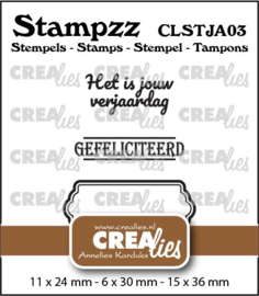 Stampzz Jarig 03: 2 teksten + 1 tag/label Crealies CLSTJA03 11 x 24 mm - 6 x 30 mm - 15 x 36 mm.