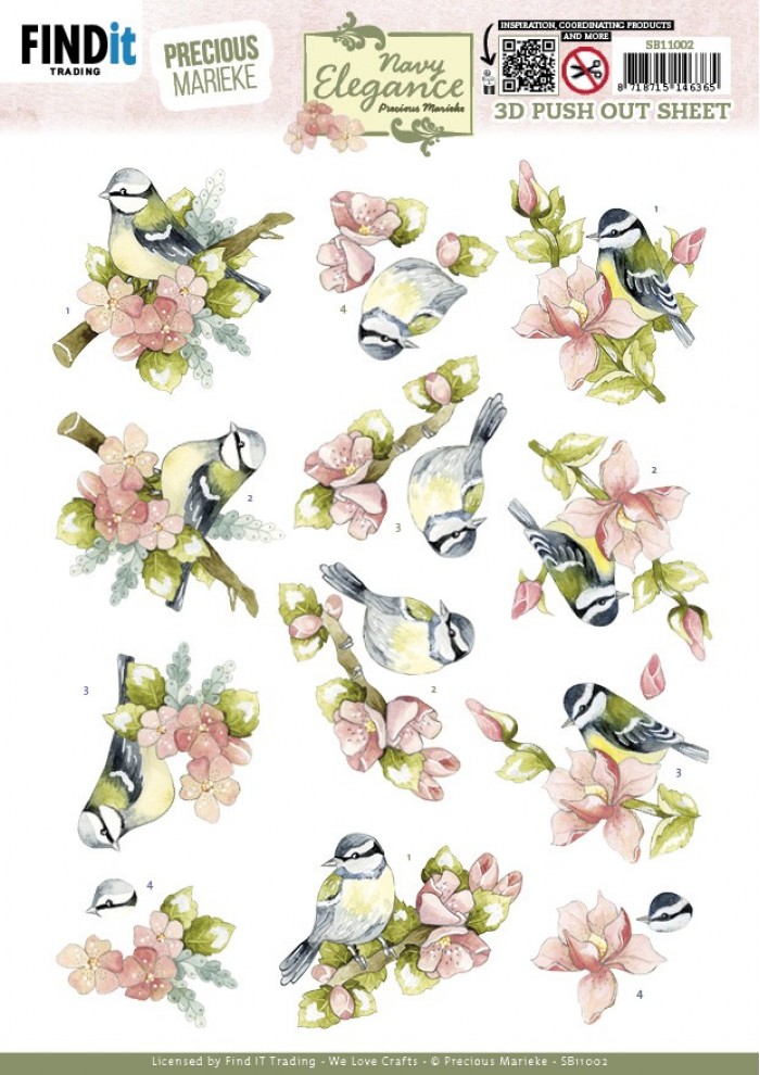 3D Pushout Sheet - Precious Marieke- Navy Elegance - Flower Bird SB11002
