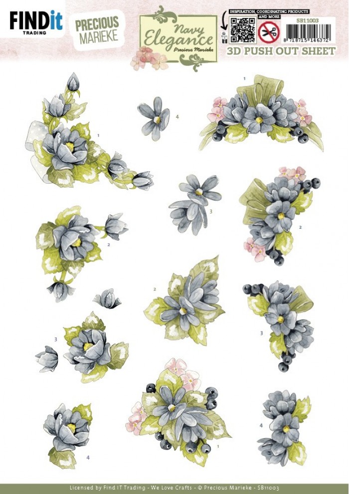 3D Pushout Sheet - Precious Marieke- Navy Elegance - Blue Flowers SB11003