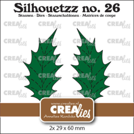 Silhouetzz stansen no. 26, Blaadjes 22 Dicht Hulstblad groot met stiksteek en spiegelbeeld Crealies CLSH26