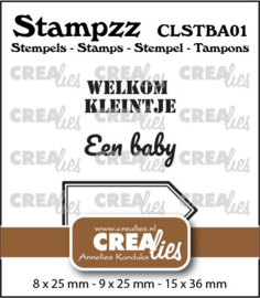 Stampzz Baby 01: 2 teksten + 1 tag/label Crealies CLSTBA01 8 x 25 mm - 9 x 25 mm - 15 x 36 mm.