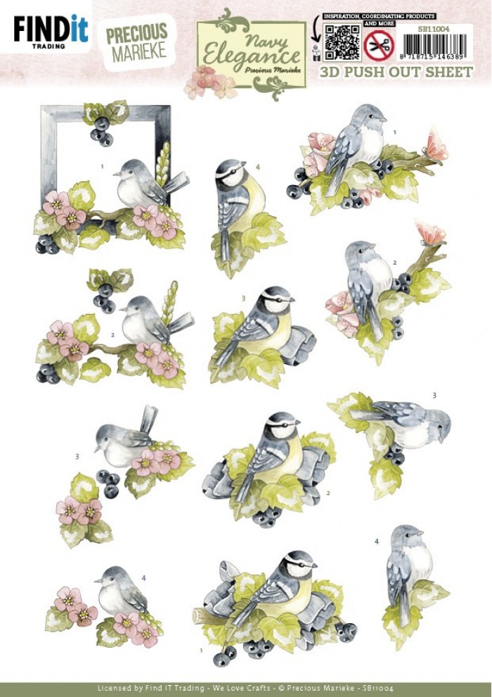 3D Pushout Sheet - Precious Marieke- Navy Elegance - Blue Birds SB11004