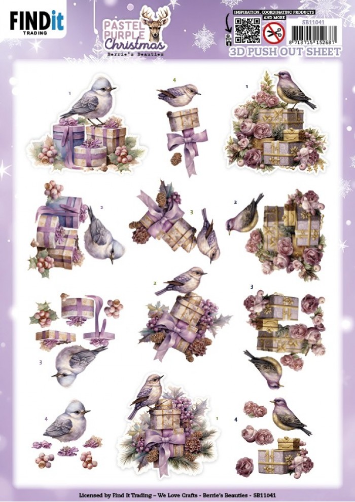 3D Pushout Sheet - Berries Beauties - Pastel Purple Christmas - Birds SB11041