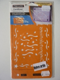 001428- Fiskars cardboss embossing stencil congratulations 12x22cm OPRUIMING