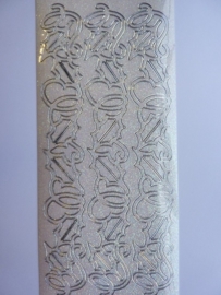 st1038- parelmoer zilver/wit stickervel met brede kerstrandjes met sneeuwlaag 10x20cm