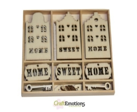 CE811500/0215- 55 stuks houten ornamentjes in een doosje home sweet home 10.5x10.5cm