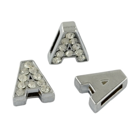 letter A - leerschuiver met strass steentjes zilver 13mm