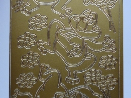 st797- stickervel kikkers en bloemen goud