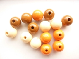 6013 501 - 15 x houten kralen mix oranje/naturel van 15mm