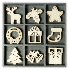 1852 1022- box met 45 stuks houten ornamentjes kerst no.2 10.5x10.5cm