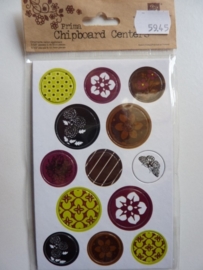 5945- Prima chipboard centers 13 stickers van 2 tot 2.5cm doorsnee retro OPRUIMING