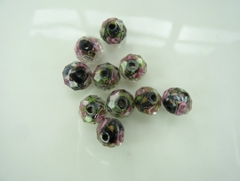 1959- 10 stuks geslepen lampwork glaskralen zwart met roosjes 7x6mm