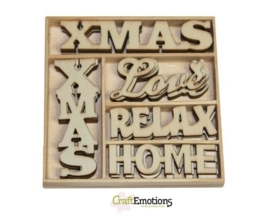 CE811500/0220- 25 stuks houten ornamentjes in een doosje kerst 10.5x10.5cm