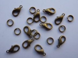 12mm (standaard maat) karabijner slotjes met 10 dubbele ringetjes bronskleur 10 stuks