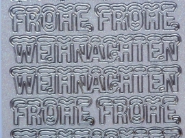 st1051- parelmoer stickervel wit/zilver tekst Frohe Weinachten met sneeuwlaagje 10x20cm