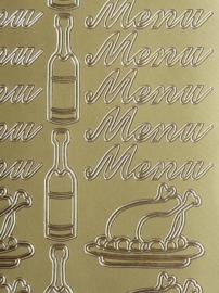 st990- stickervel met tekst menu en afbeeldingen wijn en kalkoen 10x23cm goud