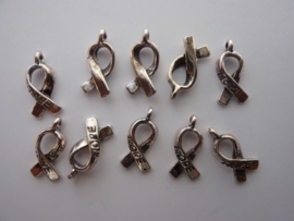 CH5104-50- 50 stuks zwr metalen bedel/hanger Pink Ribbon `hope` oud-zilver 18x7.5mm- EXTRA LAGE PRIJS