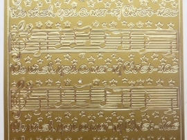 ST.1135- muzienoten en tekst We wish you a merry Christmas goud 10x20cm