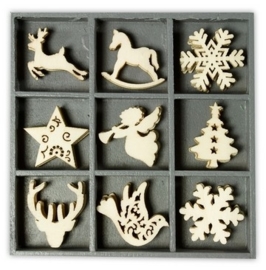 1852 1027- box met 45 stuks houten ornamentjes kerst no.3 10.5x10.5cm