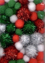 CE800600/3302- 50 stuks pompoms van 2 tot 3.5cm rood/wit/groen/zilverglitter