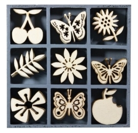 1852 1108- box met 45 stuks houten ornamentjes fruit & vlinders 10.5x10.5cm