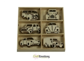 CE811500/0231- 30 stuks houten ornamentjes in een doosje auto's 10.5x10.5cm