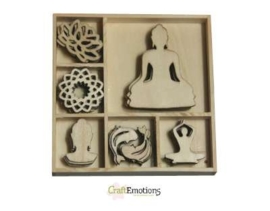 CE811500/0181- 35 stuks houten ornamentjes in een doosje buddha 10.5x10.5cm