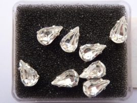 107011/0001- 8 stuks glazen rijg/naai strass steentjes 10x6mm druppel kristal zilver