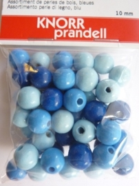 6013 007 - 50 stuks 10 mm. houten kralen blauw/licht blauw mix