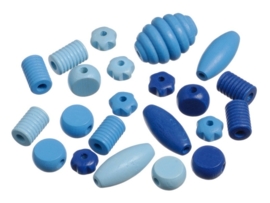 6033 434- 22 stuks houten kralen mix blauw/lichtblauw