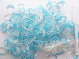 200 stuks loom bands - glitter blauw overlopend transparant  + 6 clips + haaknaald kleurenmix