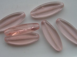 3650 - 6 x tsjechische glaskralen transparant roze 30x11x4.7mm