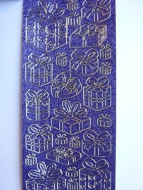 st1046- glitterstickervel paars/zilver met cadeautjes 10x20cm