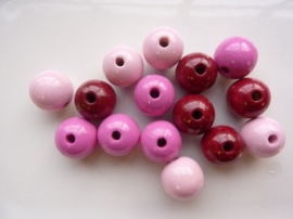 6013 504 - 15 x houten kralen mix roze van 15mm