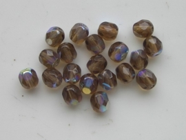 1880- 20 x tsjechische geslepen glaskralen 6mm smoked topaz met AB coating