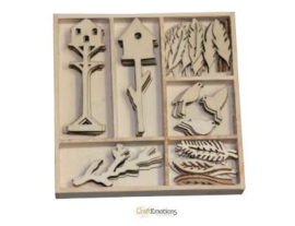 CE811500/0171- 55 stuks houten ornamentjes in een doosje vogels 10.5x10.5cm