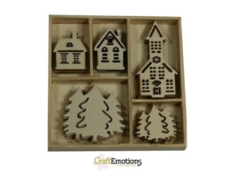 CE811500/0322- 25 stuks houten ornamentjes in een doosje winter 10.5x10.5cm