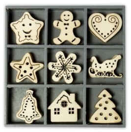 1852 1024- box met 45 stuks houten ornamentjes sweet Xmas 10.5x10.5cm