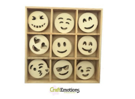 CE811500/0233- 45 stuks houten ornamentjes in een doosje smileys 10.5x10.5cm