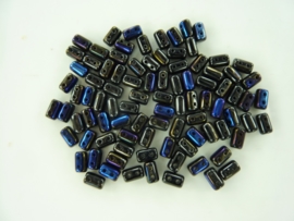 802- ca. 90 stuks glaskralen met 4 gaatjes 5x3mm zwart/blauw