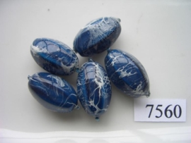 7560- 22x13mm blauw/witte kunststofkraal marmer