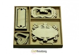 CE811500/0205- 20 stuks houten ornamentjes in een doosje fantasie frames 10.5x10.5cm
