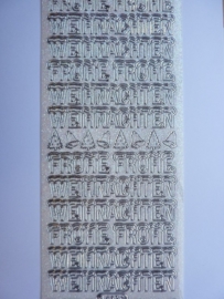 st1051- parelmoer stickervel wit/zilver tekst Frohe Weinachten met sneeuwlaagje 10x20cm