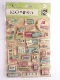 5607- K&Co grand adh. chipboard 3D stickers "diverse teksten" 12x16cm