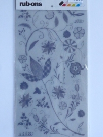 5740- basic grey rub-on stickers bloemen/ornamenten d.blauw 20x11cm OPRUIMING